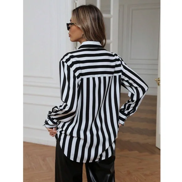 Black and White Button Up Shirt Striped with Pocket - Picture 4 of 7